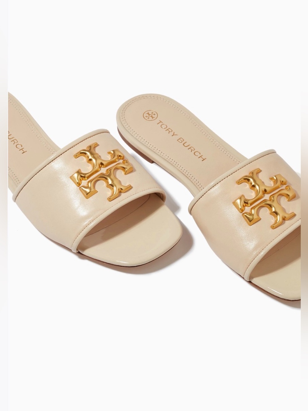 Tory Burch Eleanor Ivory Slide Sandals w/ Gold-tone Logo 9.5M